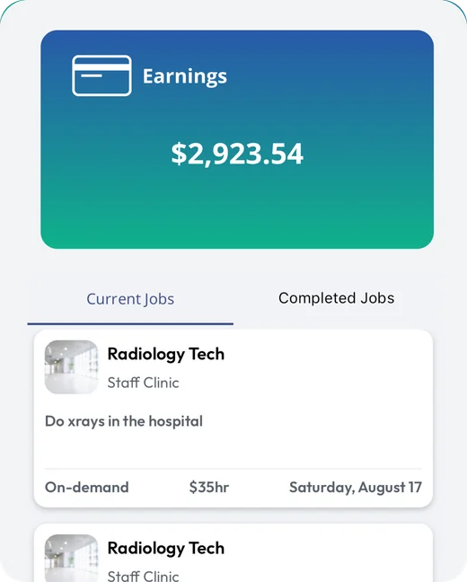 Earnings screen showing $2,923.54 and current jobs