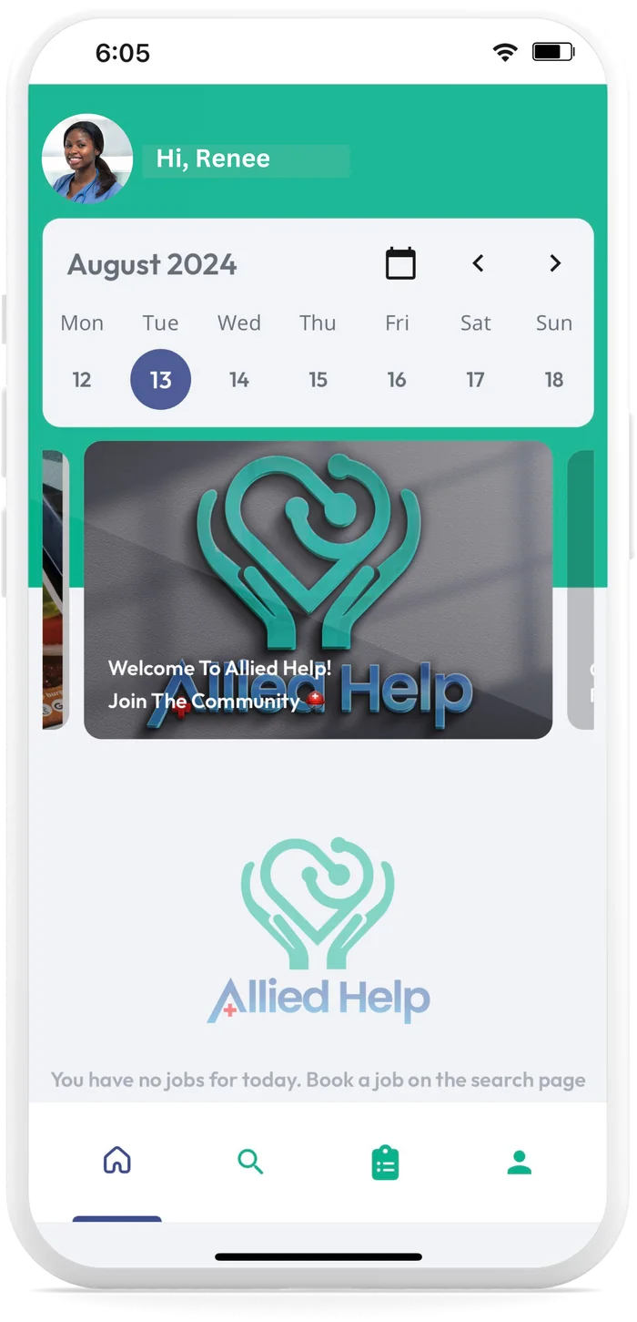 Allied Help app home screen with the shift calendar