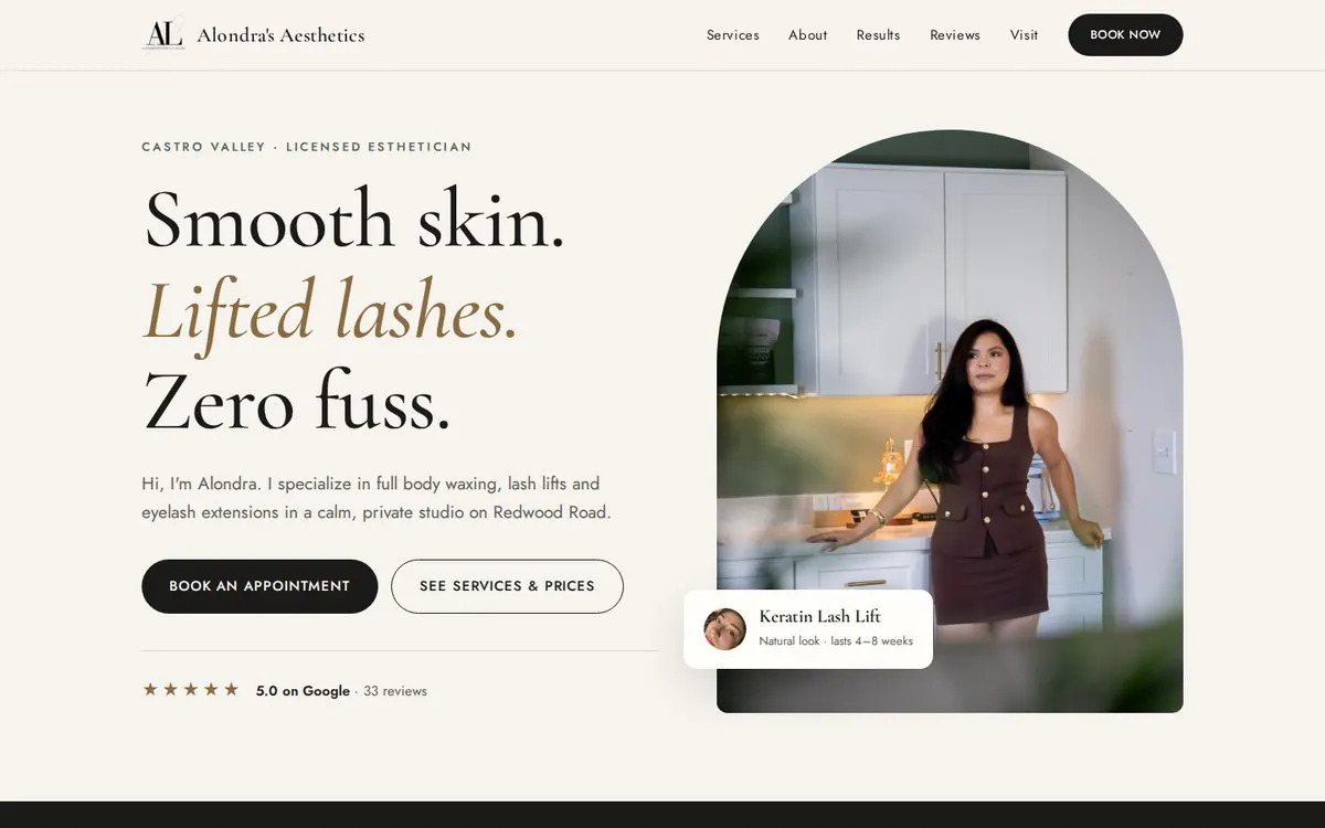 Lash & wax studio website, desktop
