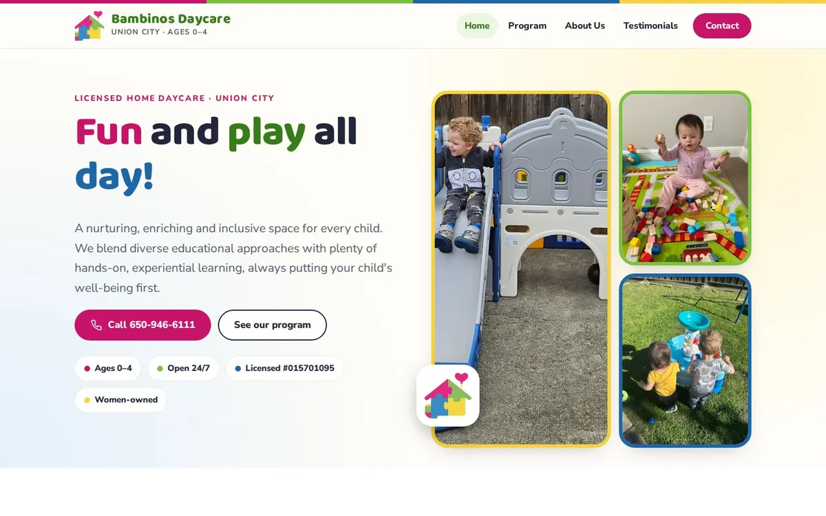 Home daycare website, desktop