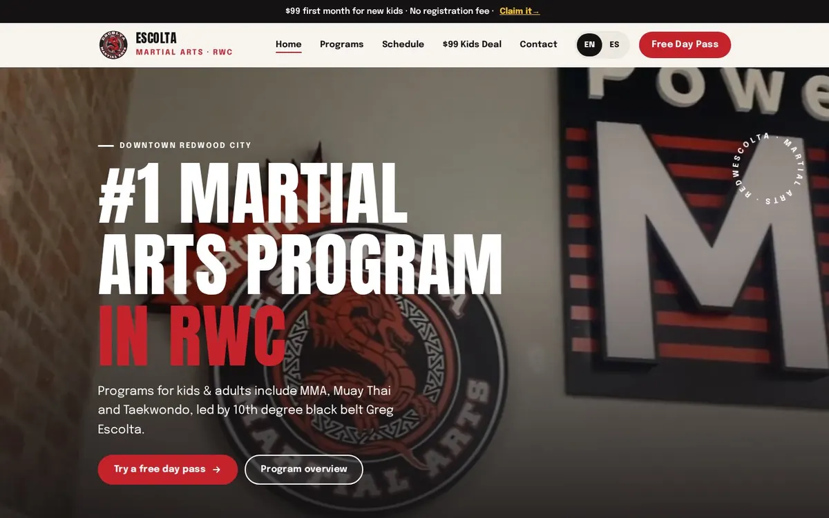 Martial arts gym website, desktop