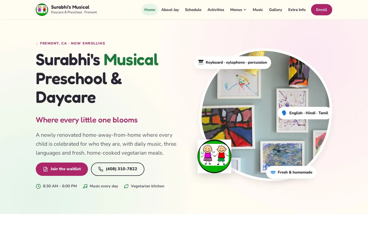 Musical preschool website, desktop