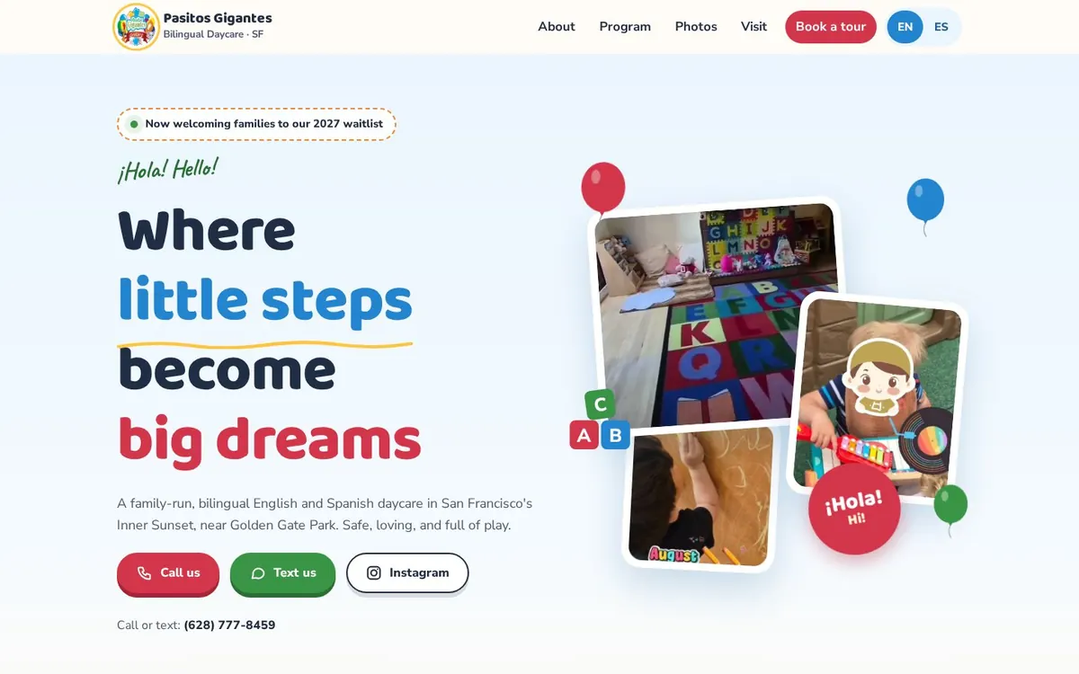 Bilingual daycare website, desktop
