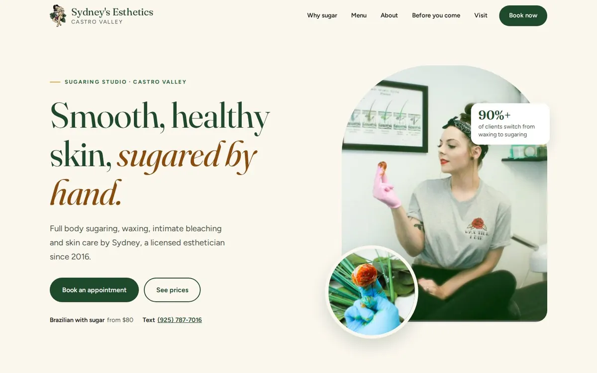 Sugaring studio website, desktop