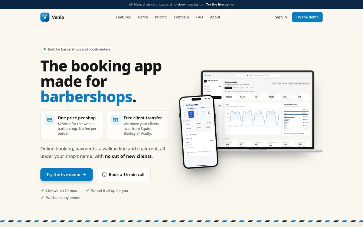 Venio website, desktop